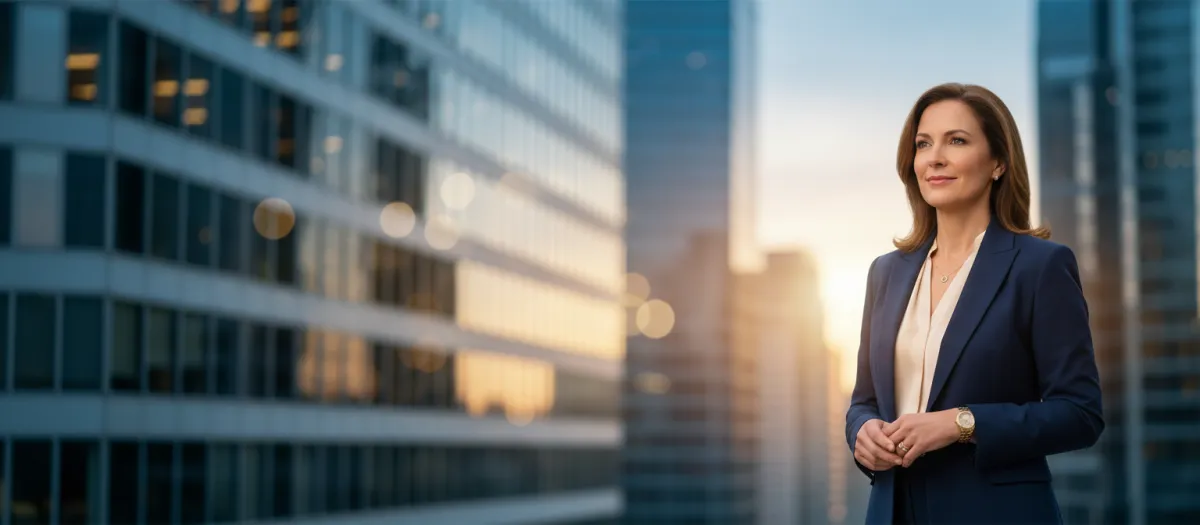 LinkedIn banner style AI portrait with city backdrop
